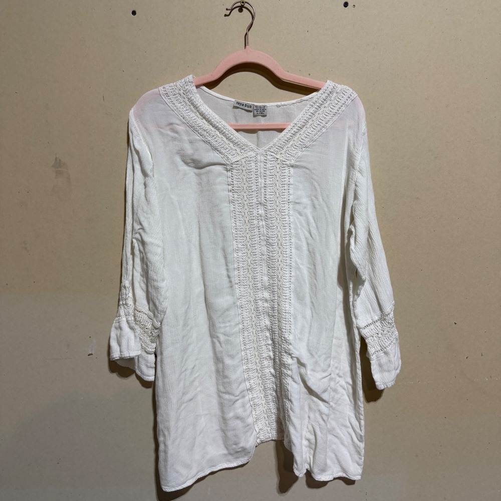 Raya Sun White Crochet Lace V-Neck Tunic Top Boho Gauze Bell Sleeve L/XL
